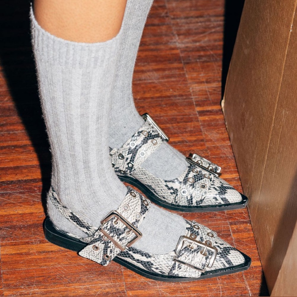 Ganni Snake Print Flats with Silver Buckles